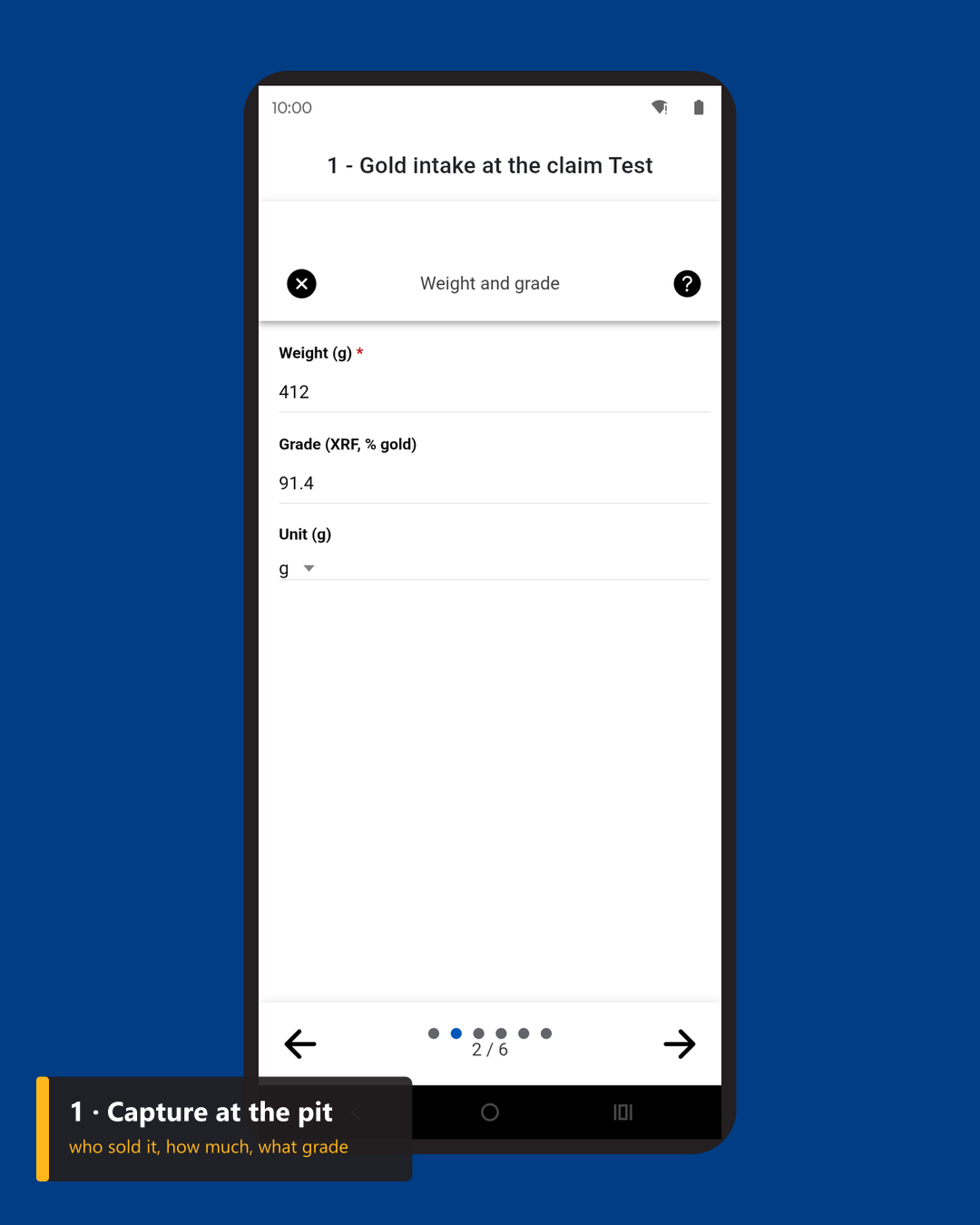 Bext360 Origin app capturing a gold lot at the claim: material, weight, grade, tag and photo