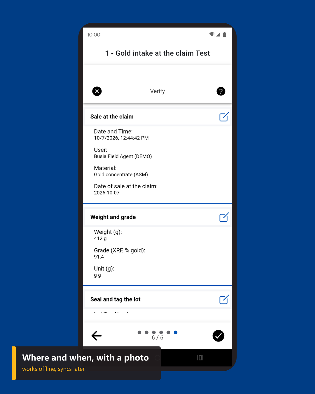 Bext360 Origin app verifying a gold intake on the phone